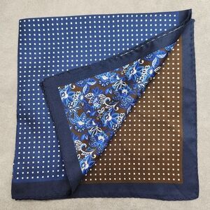 Cremieux Pocket Square Blue Brown 100% Silk 4 Panels Floral Foulard New $35